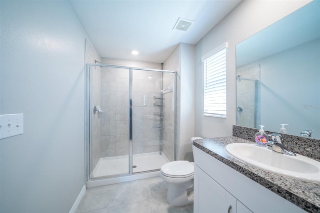 bathroom featuring toilet, a shower stall, visible vents, and vanity