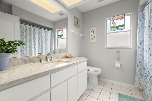 bathroom with toilet, visible vents, baseboards, vanity, and tile patterned floors