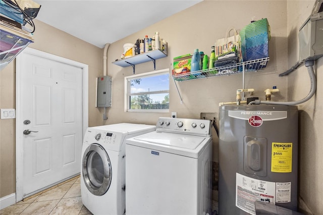 laundry room with light tile patterned flooring, laundry area, water heater, independent washer and dryer, and electric panel