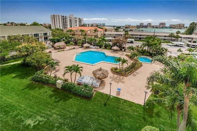 community pool with a patio, a lawn, and a city view