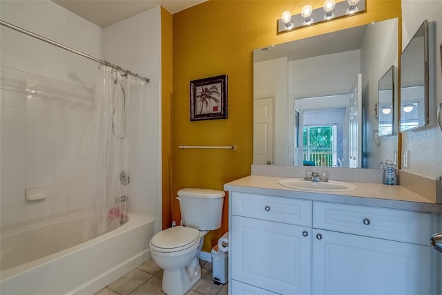 full bath featuring shower / bath combination with curtain, vanity, toilet, and tile patterned floors