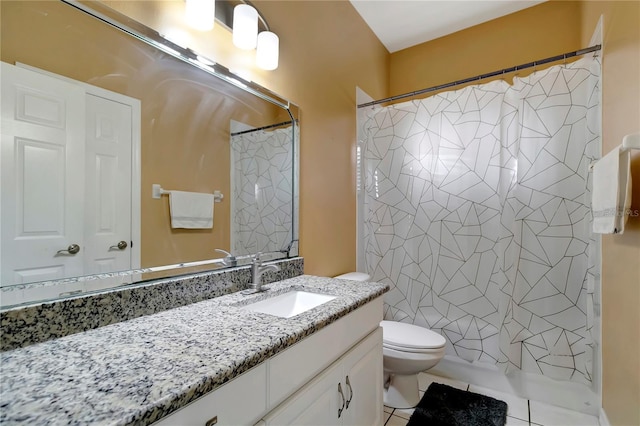 full bath with a shower with shower curtain, vanity, toilet, and tile patterned floors