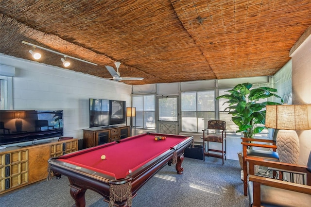 rec room with pool table, wood ceiling, carpet flooring, and a ceiling fan