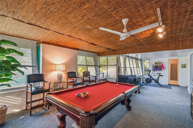 recreation room with billiards, a wealth of natural light, and ceiling fan