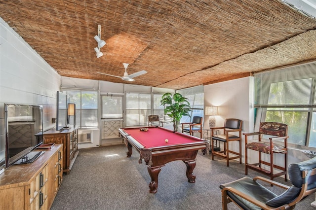 playroom featuring a wealth of natural light, pool table, a ceiling fan, and carpet