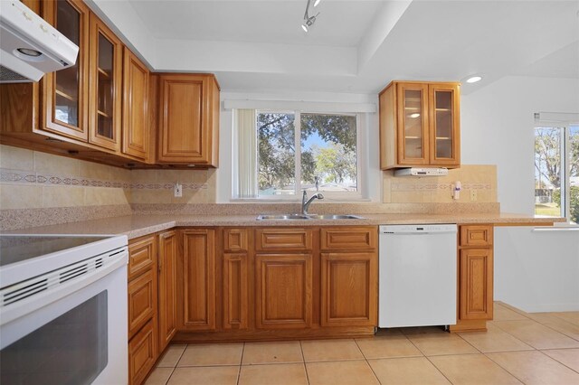 1549 San Christopher Dr, Dunedin, FL 34698 - kitchen with white appliances, light tile patterned floors, ventilation hood, and a sink