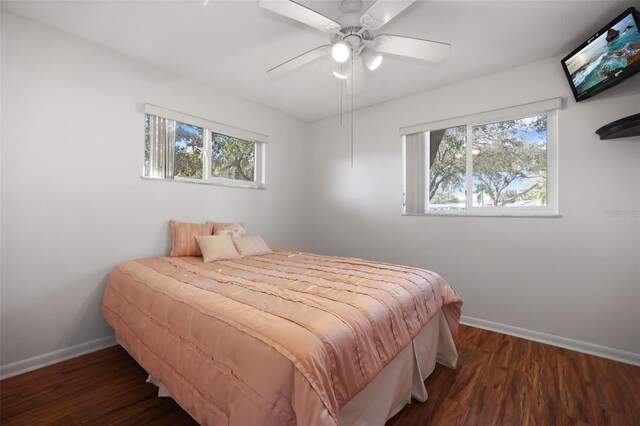1549 San Christopher Dr, Dunedin, FL 34698 - bedroom with multiple windows, wood finished floors, a ceiling fan, and baseboards