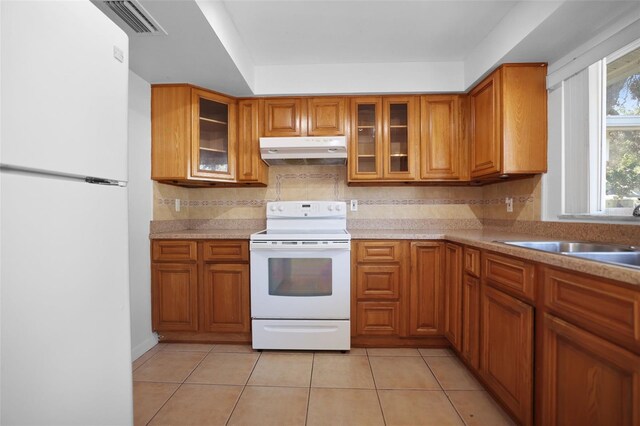 1549 San Christopher Dr, Dunedin, FL 34698 - kitchen featuring backsplash, brown cabinetry, a sink, white appliances, and under cabinet range hood