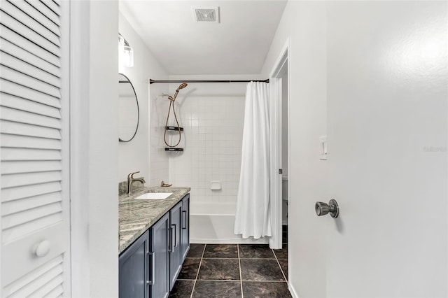 full bathroom featuring shower / bathtub combination with curtain, visible vents, and vanity