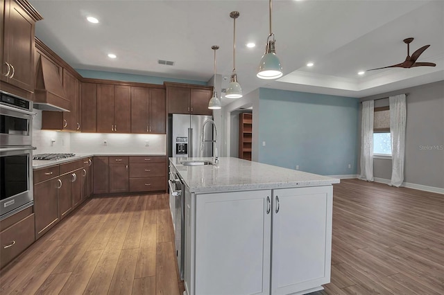 kitchen featuring light wood finished floors, a raised ceiling, custom exhaust hood, stainless steel appliances, and a sink