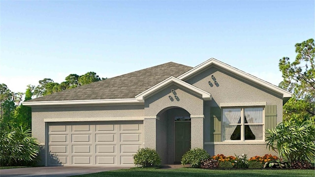 view of front of house featuring a garage, driveway, a shingled roof, and stucco siding