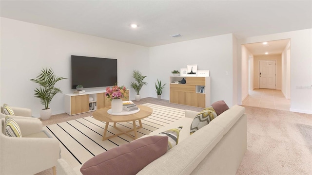 living area featuring visible vents, carpet flooring, and recessed lighting