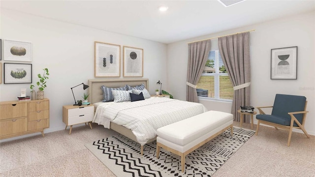 bedroom featuring light colored carpet