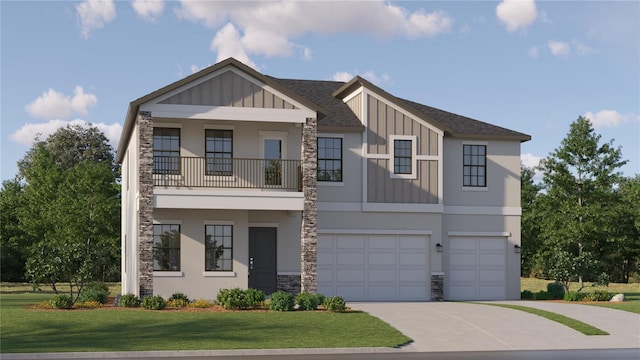 view of front of home with concrete driveway, board and batten siding, a garage, stone siding, and a front lawn