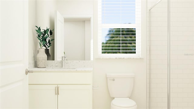 full bath featuring toilet, a shower stall, and vanity