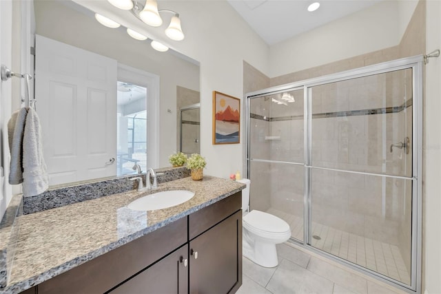 full bath with vanity, a shower stall, toilet, and tile patterned floors