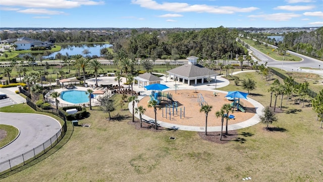 bird's eye view with a water view