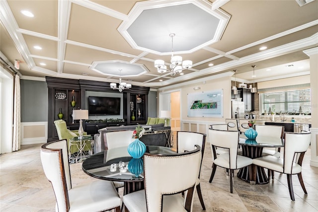 dining area featuring a chandelier, coffered ceiling, crown molding, and recessed lighting