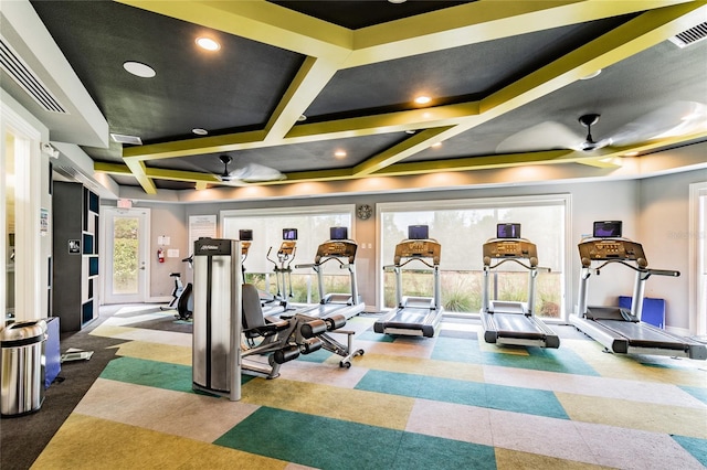 gym featuring a ceiling fan, recessed lighting, coffered ceiling, and visible vents