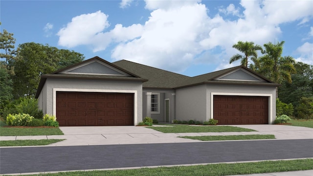 ranch-style house with driveway, an attached garage, and stucco siding