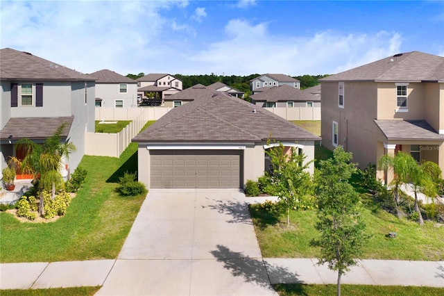 view of front facade with concrete driveway, a front yard, a residential view, and stucco siding