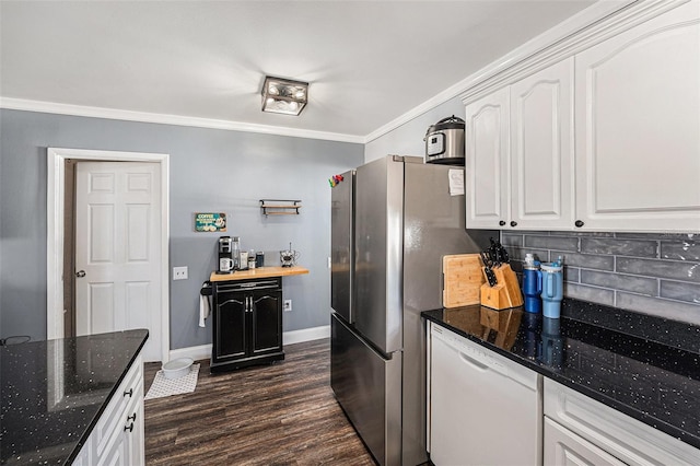 kitchen with dishwasher, dark wood finished floors, white cabinets, and crown molding