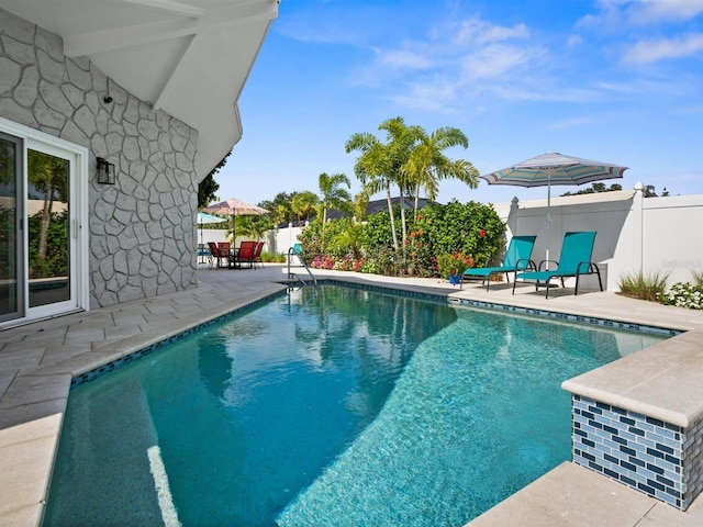 view of pool featuring a fenced backyard, a fenced in pool, and a patio