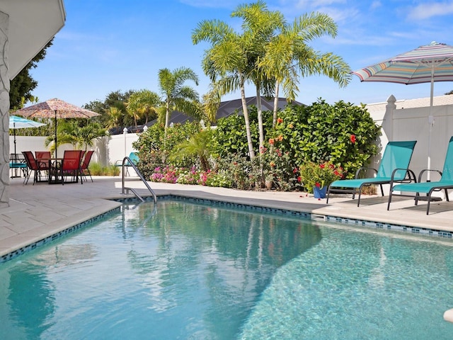 view of pool featuring a patio, fence, and a fenced in pool