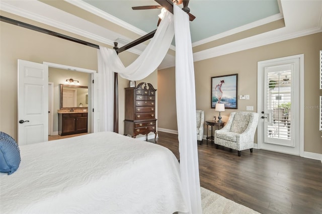 bedroom featuring ensuite bathroom, baseboards, access to outside, ornamental molding, and dark wood-style floors