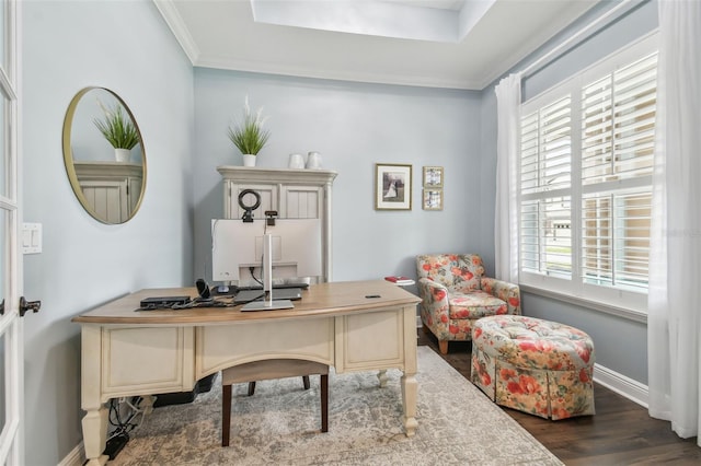 office with dark wood-style floors, baseboards, and ornamental molding