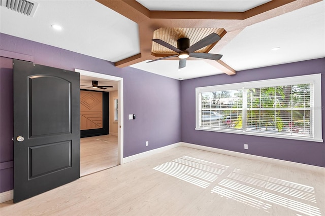 810 22nd St N, Saint Petersburg, FL 33713 - unfurnished room with baseboards, visible vents, ceiling fan, light wood-style floors, and beam ceiling