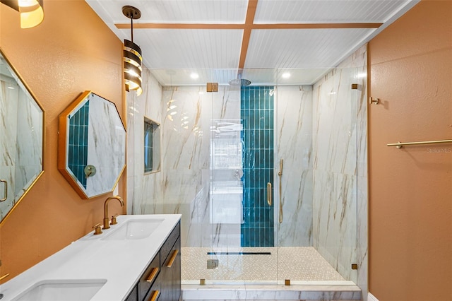 810 22nd St N, Saint Petersburg, FL 33713 - bathroom with a sink, a marble finish shower, and double vanity