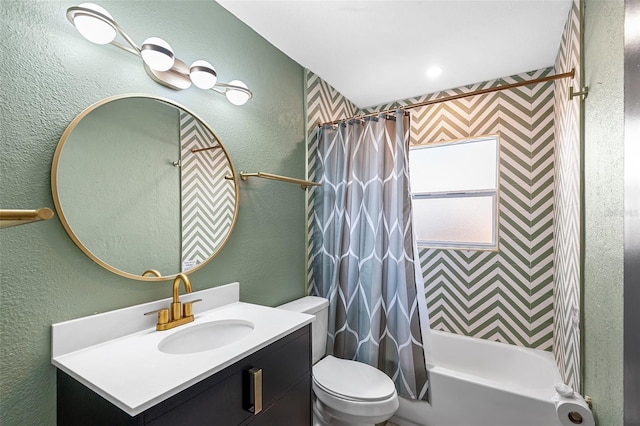 810 22nd St N, Saint Petersburg, FL 33713 - bathroom with shower / bath combo, a textured wall, vanity, and toilet