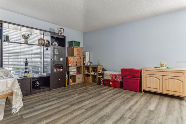 interior space featuring a textured ceiling and wood finished floors