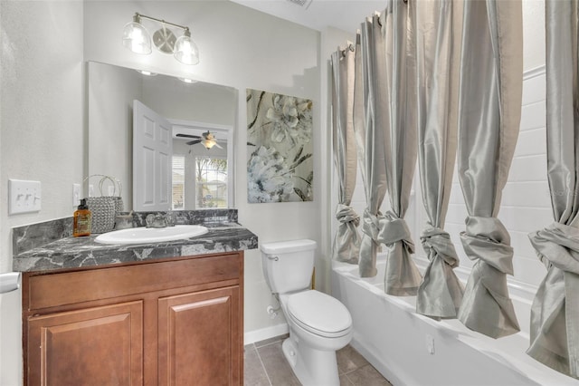 full bath with toilet, shower / tub combo, ceiling fan, vanity, and tile patterned flooring