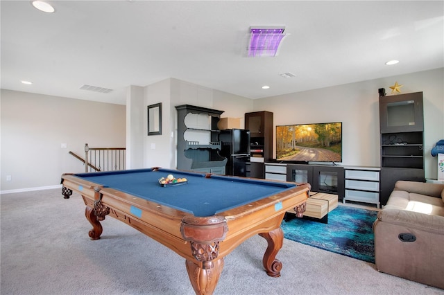 rec room featuring recessed lighting, visible vents, pool table, and carpet flooring