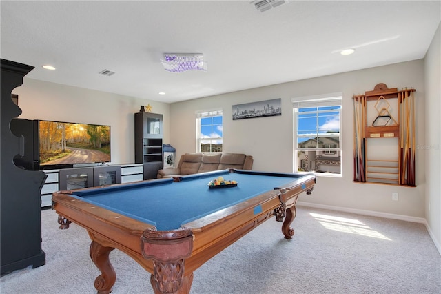 game room with visible vents, carpet floors, baseboards, and pool table