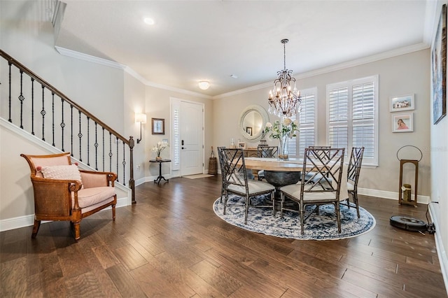 dining space with stairway, dark wood-style floors, baseboards, crown molding, and a notable chandelier