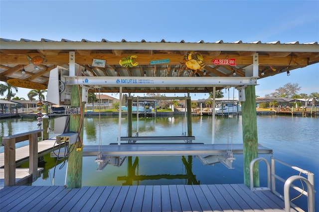 view of dock with a water view and boat lift