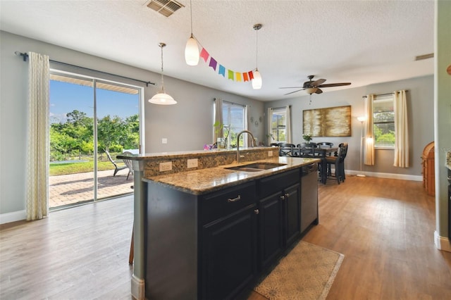 kitchen featuring light wood-type flooring, visible vents, a sink, and dark cabinetry