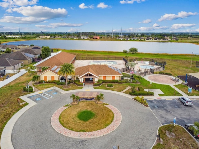 bird's eye view with a water view