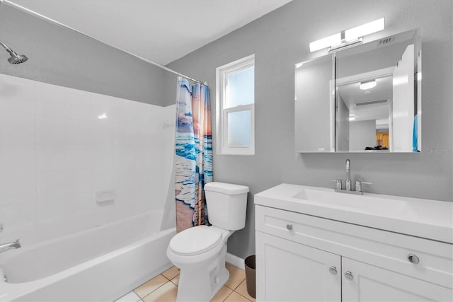 full bath featuring toilet, tile patterned flooring, shower / bath combo with shower curtain, and vanity