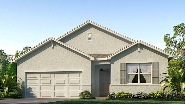 view of front facade featuring a garage, driveway, and stucco siding