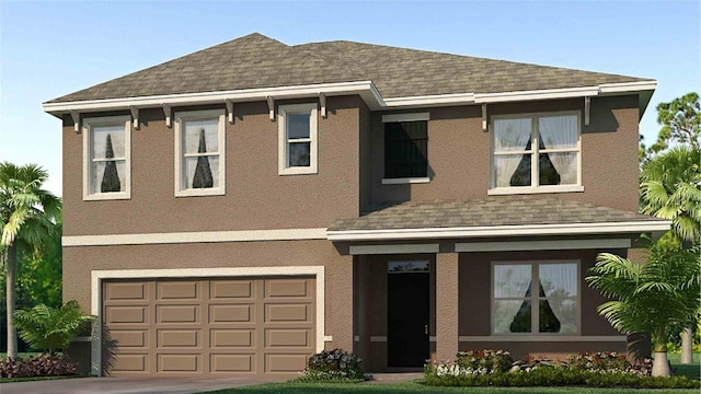 view of front of house featuring a garage, driveway, roof with shingles, and stucco siding