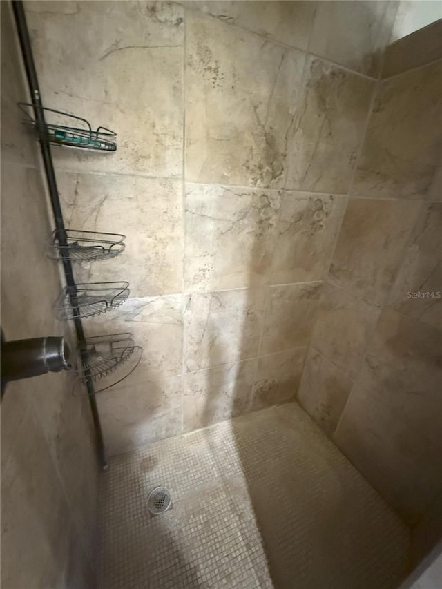 interior details with a tile shower