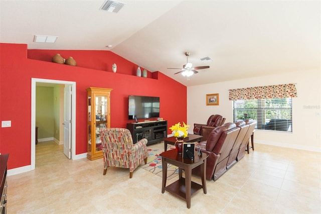 living room with vaulted ceiling, visible vents, ceiling fan, and baseboards