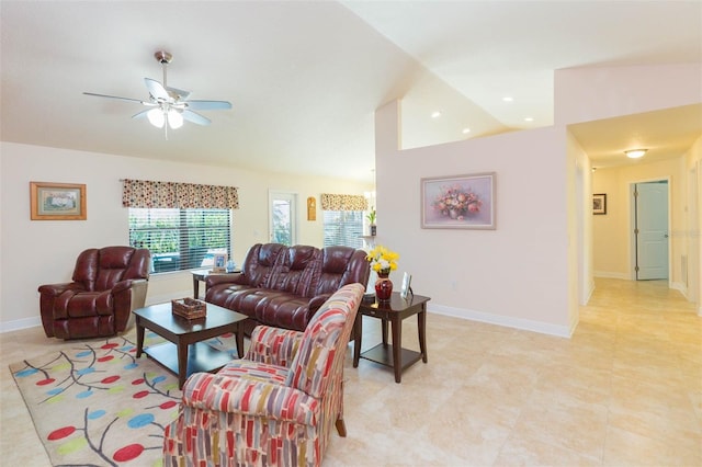 living room featuring recessed lighting, vaulted ceiling, ceiling fan, and baseboards