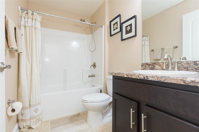 bathroom with toilet, shower / bath combo, vanity, and tile patterned floors