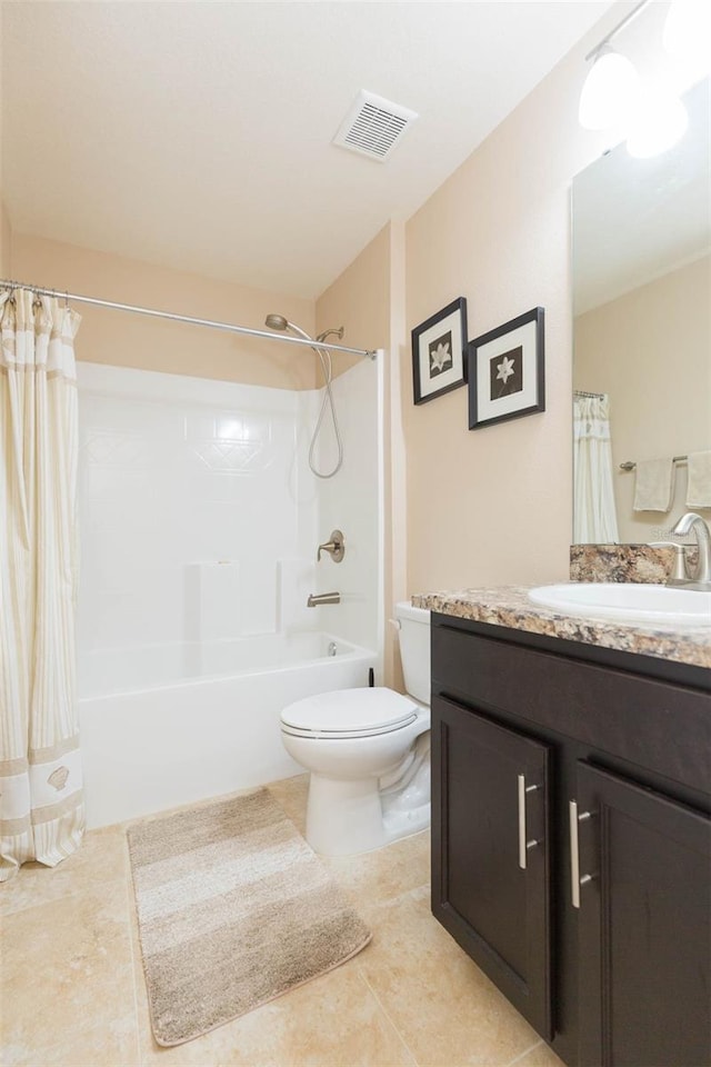 full bath featuring tile patterned flooring, toilet, vanity, visible vents, and shower / bath combination with curtain