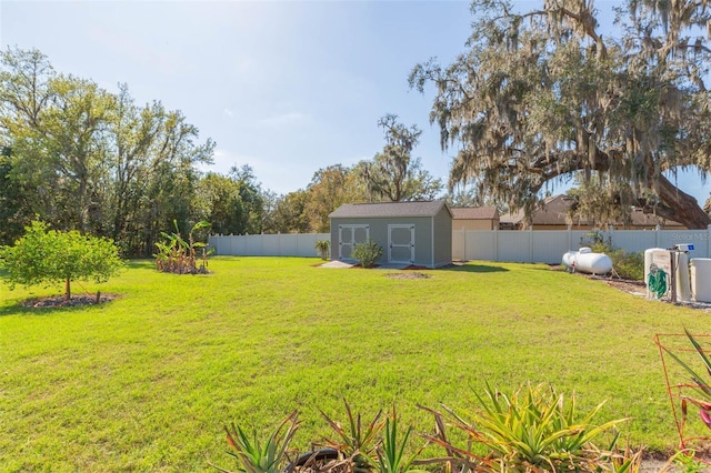 view of yard featuring an outbuilding, a fenced backyard, and a storage unit